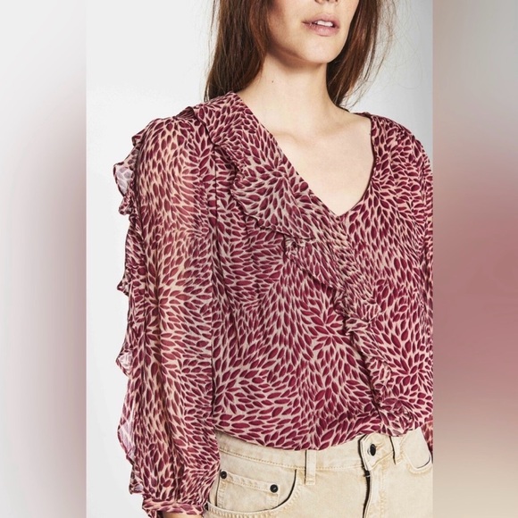 ba&sh Genn Ruffled Printed Crepon Blouse - Antique Rose - Picture 2 of 12